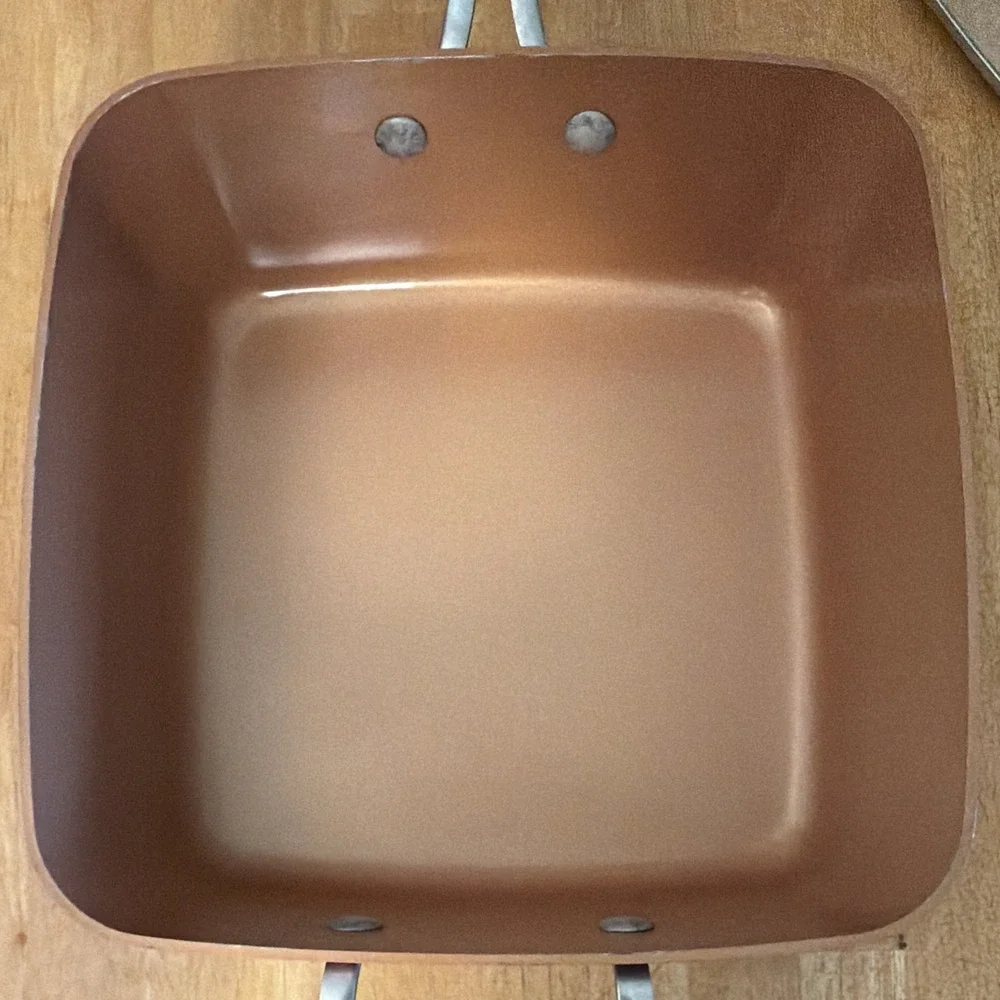 Red Copper Square Non-Stick Frying Pan Set w/ Lid & Fryer Basket, 3pc